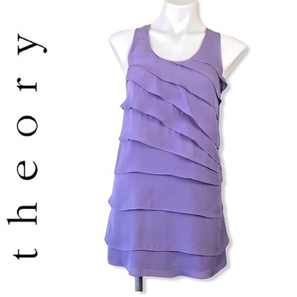 Theory Dorosa Silk Mini Dress Lavender Tiered Y2K Party Date Night Size 0 Purple - Picture 2 of 15